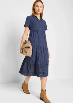 bonprix Kleider|Bekleidung·Pullover & Strickjacken^Tunika-Kleid aus reiner Baumwolle mit Lochstickerei dunkelblau