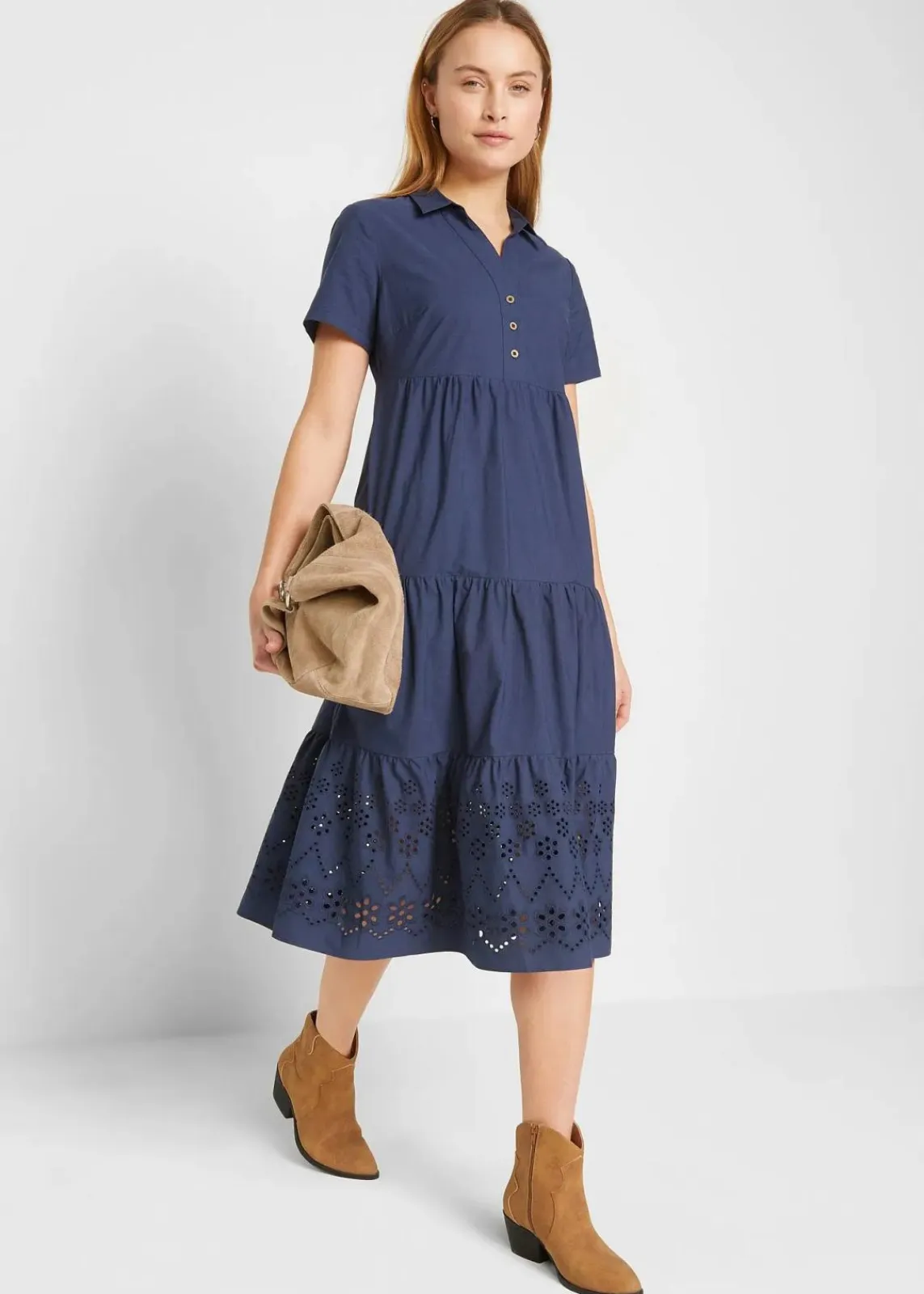 bonprix Kleider|Bekleidung·Pullover & Strickjacken^Tunika-Kleid aus reiner Baumwolle mit Lochstickerei dunkelblau