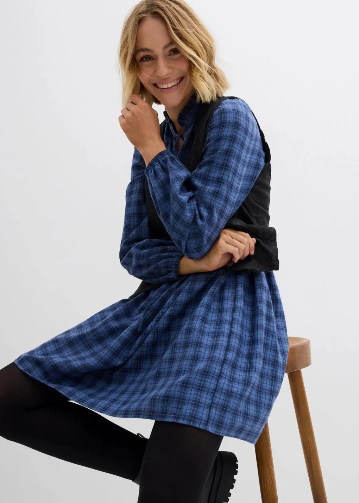 bonprix Bekleidung·Pullover & Strickjacken|Kleider^Tunika-Kleid aus reiner Baumwolle jeansblau/dunkelblau kariert