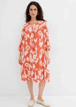 bonprix Kleider|Zweiteiler & Sets^Tunika-Kleid aus reiner Viskose zimtrot /wollweiß bedruckt