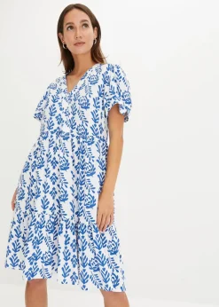 bonprix Bekleidung·Pullover & Strickjacken|Kleider^Tunika-Kleid aus reiner Viskose weiß/arktikblau bedruckt