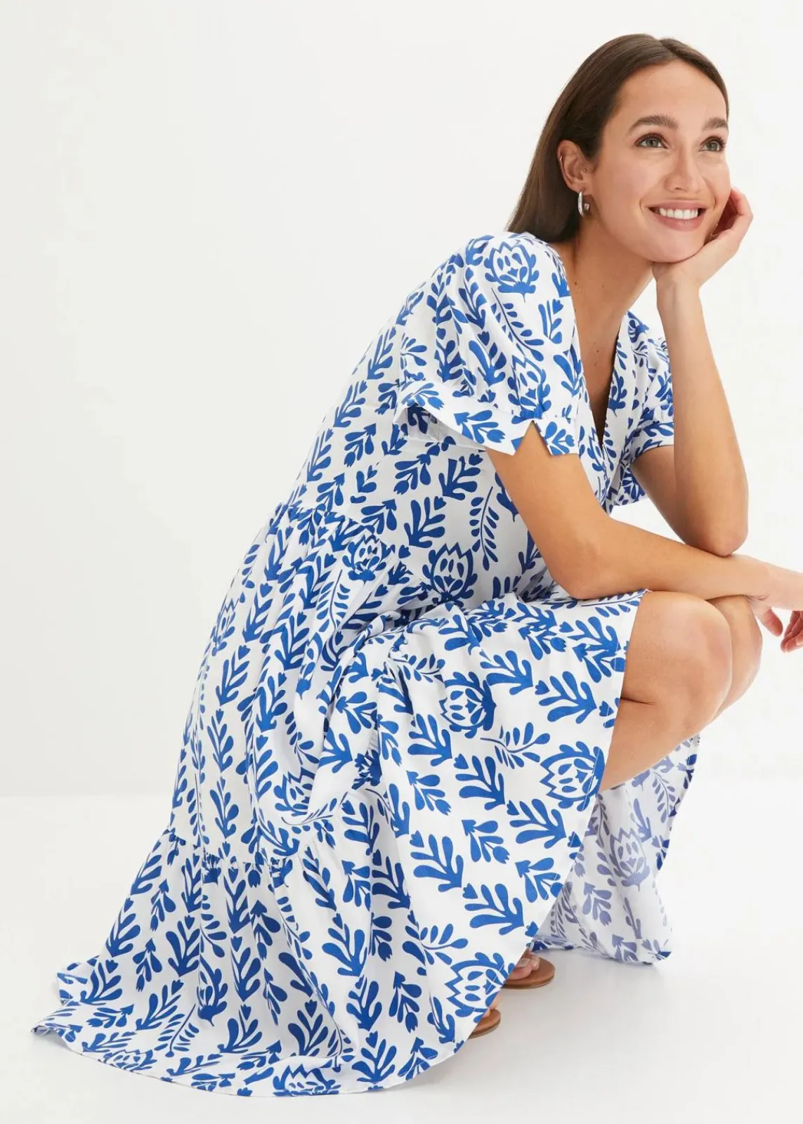bonprix Bekleidung·Pullover & Strickjacken|Kleider^Tunika-Kleid aus reiner Viskose weiß/arktikblau bedruckt
