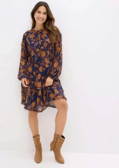 bonprix Bekleidung·Pullover & Strickjacken|Kleider^Tunika-Kleid aus softem Mesh dunkelblau floral