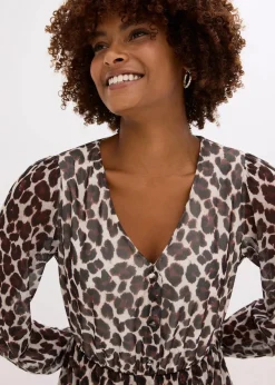 bonprix Bekleidung·Pullover & Strickjacken|Kleider^Tunika-Kleid aus softem Mesh braun leo bedruckt