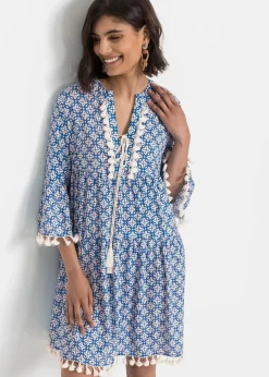 bonprix Bekleidung·Pullover & Strickjacken|Kleider^Tunika-Kleid aus softer Viskose blau / wollweiß bedruckt