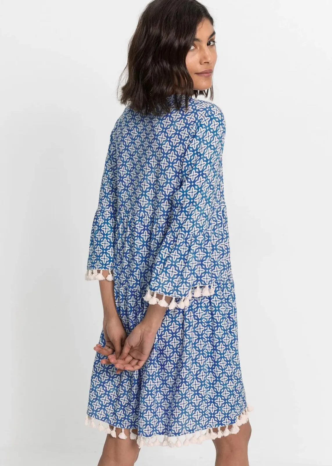 bonprix Bekleidung·Pullover & Strickjacken|Kleider^Tunika-Kleid aus softer Viskose blau / wollweiß bedruckt
