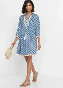 bonprix Bekleidung·Pullover & Strickjacken|Kleider^Tunika-Kleid aus softer Viskose blau / wollweiß bedruckt