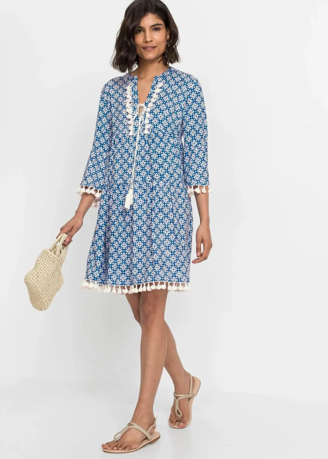 bonprix Bekleidung·Pullover & Strickjacken|Kleider^Tunika-Kleid aus softer Viskose blau / wollweiß bedruckt