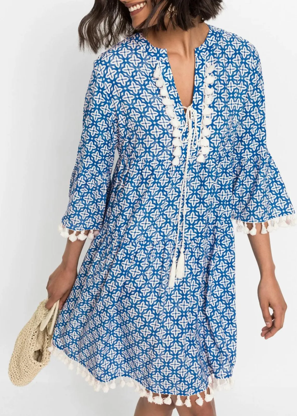 bonprix Bekleidung·Pullover & Strickjacken|Kleider^Tunika-Kleid aus softer Viskose blau / wollweiß bedruckt
