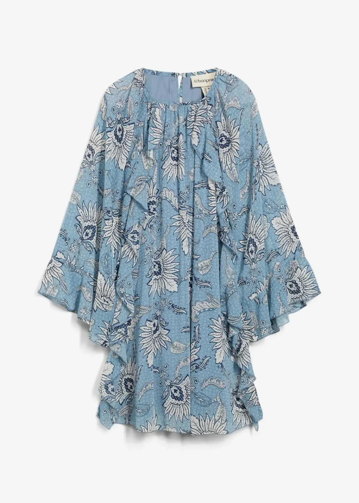 bonprix Kleider|Nachhaltigere Materialien^Tunika-Kleid aus strukturiertem Chiffon wellenblau/wollweiß bedruckt