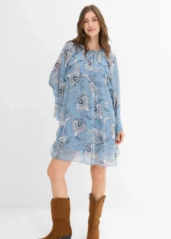 bonprix Kleider|Nachhaltigere Materialien^Tunika-Kleid aus strukturiertem Chiffon wellenblau/wollweiß bedruckt