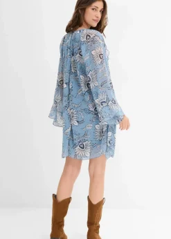 bonprix Kleider|Nachhaltigere Materialien^Tunika-Kleid aus strukturiertem Chiffon wellenblau/wollweiß bedruckt