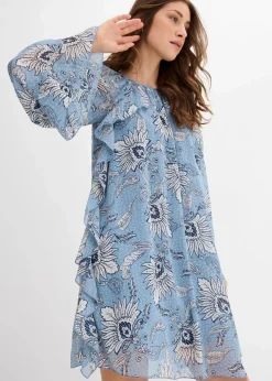 bonprix Kleider|Nachhaltigere Materialien^Tunika-Kleid aus strukturiertem Chiffon wellenblau/wollweiß bedruckt