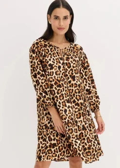 bonprix Bekleidung·Pullover & Strickjacken|Kleider^Tunika-Kleid aus strukturiertem Crêpe beige/schwarz leo bedruckt