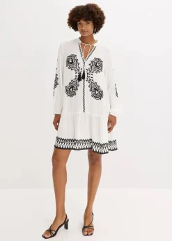 bonprix Bekleidung·Pullover & Strickjacken|Kleider^Tunika-Kleid aus strukturierter Viskose wollweiß/schwarz