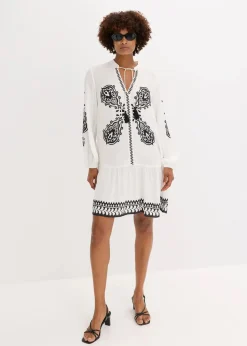 bonprix Bekleidung·Pullover & Strickjacken|Kleider^Tunika-Kleid aus strukturierter Viskose wollweiß/schwarz