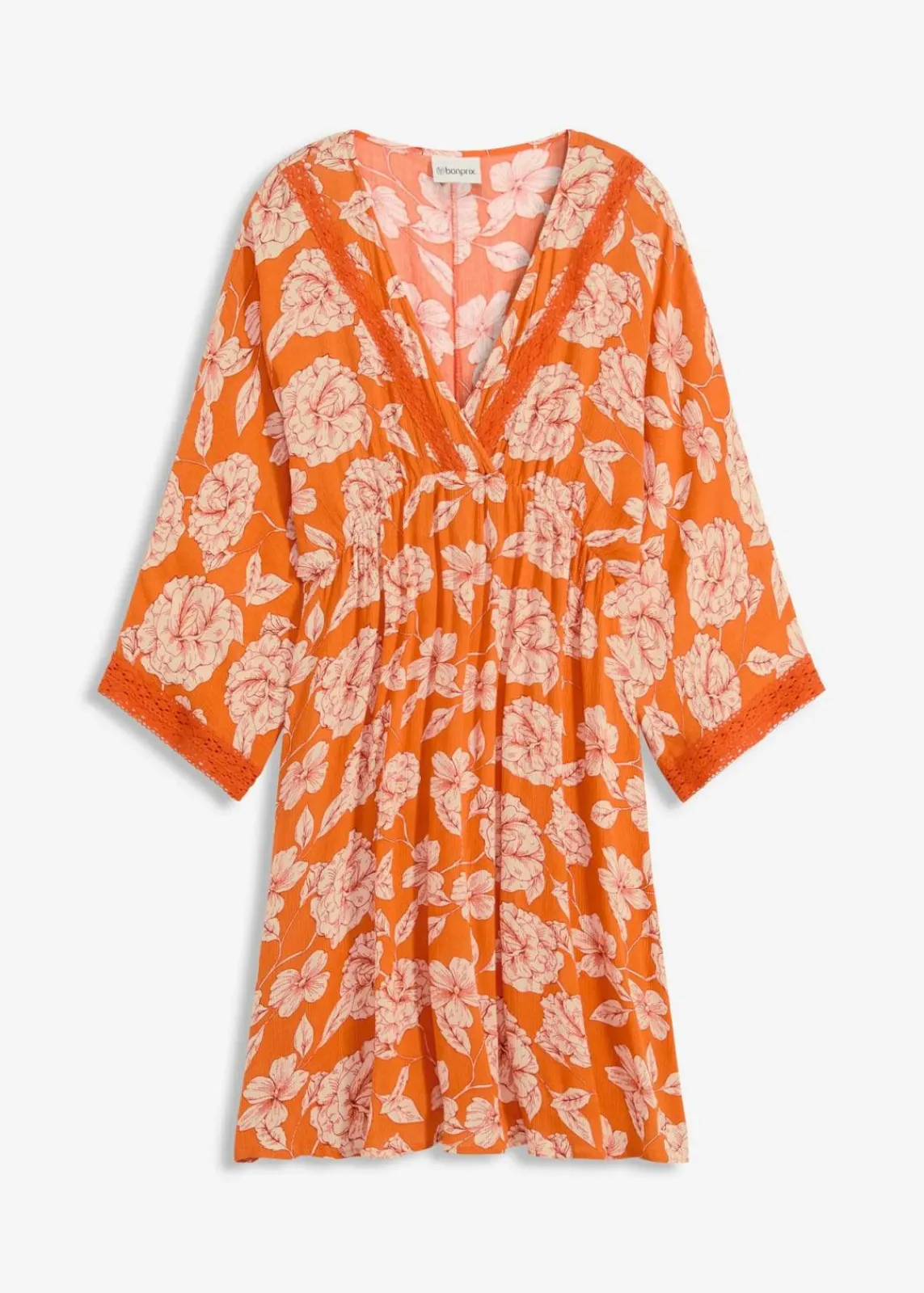 bonprix Bekleidung·Pullover & Strickjacken|Kleider^Tunika-Kleid mit Spitze aus strukturierter Viskose orange floral