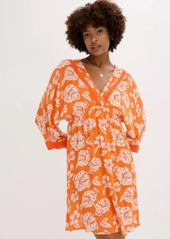 bonprix Bekleidung·Pullover & Strickjacken|Kleider^Tunika-Kleid mit Spitze aus strukturierter Viskose orange floral