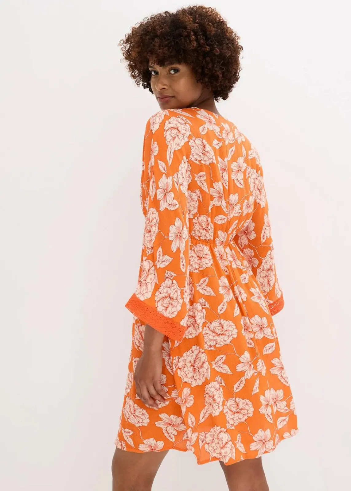 bonprix Bekleidung·Pullover & Strickjacken|Kleider^Tunika-Kleid mit Spitze aus strukturierter Viskose orange floral