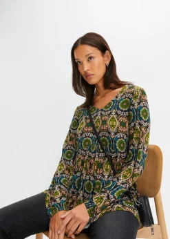 bonprix Shirts & Tops|Nachhaltigere Materialien^Tunika-Shirt aus Viskose-Mix schwarz/forstgrün/camel bedruckt