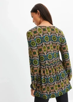 bonprix Shirts & Tops|Nachhaltigere Materialien^Tunika-Shirt aus Viskose-Mix schwarz/forstgrün/camel bedruckt