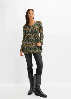 bonprix Shirts & Tops|Nachhaltigere Materialien^Tunika-Shirt aus Viskose-Mix schwarz/forstgrün/camel bedruckt