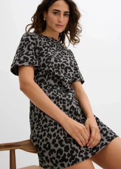 bonprix Bekleidung·Pullover & Strickjacken|Kleider^Twill-Kleid aus reiner Baumwolle grau/schwarz leo bedruckt