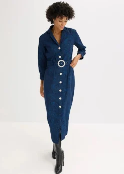 bonprix Bekleidung·Pullover & Strickjacken|Kleider^Twillkleid mit Gürtel (2-tlg.-Set) dunkelblau/hellindigo paisley