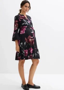 bonprix Bekleidung·Blazer|Umstandsmode^Umstands- und Stillblusenkleid aus reinem Bio-Baumwoll-Satin schwarz/altrosa geblümt