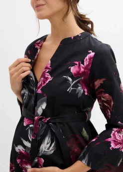 bonprix Bekleidung·Blazer|Umstandsmode^Umstands- und Stillblusenkleid aus reinem Bio-Baumwoll-Satin schwarz/altrosa geblümt