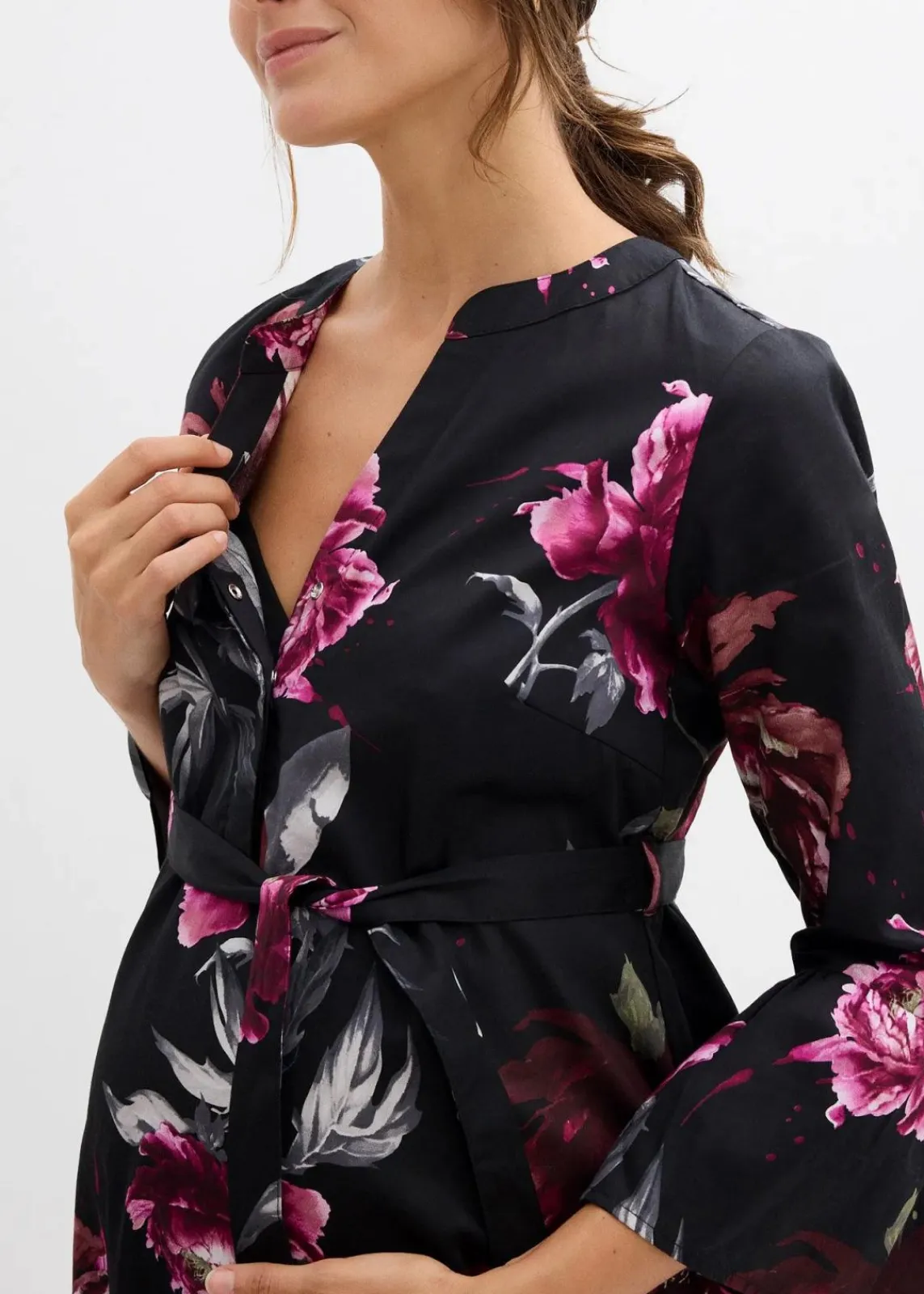 bonprix Bekleidung·Blazer|Umstandsmode^Umstands- und Stillblusenkleid aus reinem Bio-Baumwoll-Satin schwarz/altrosa geblümt