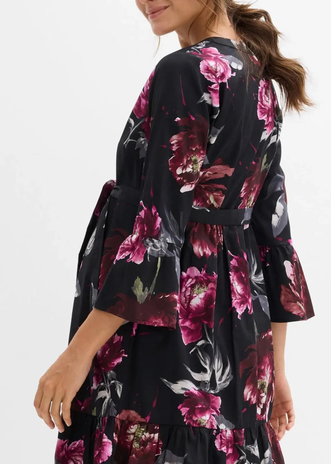 bonprix Bekleidung·Blazer|Umstandsmode^Umstands- und Stillblusenkleid aus reinem Bio-Baumwoll-Satin schwarz/altrosa geblümt