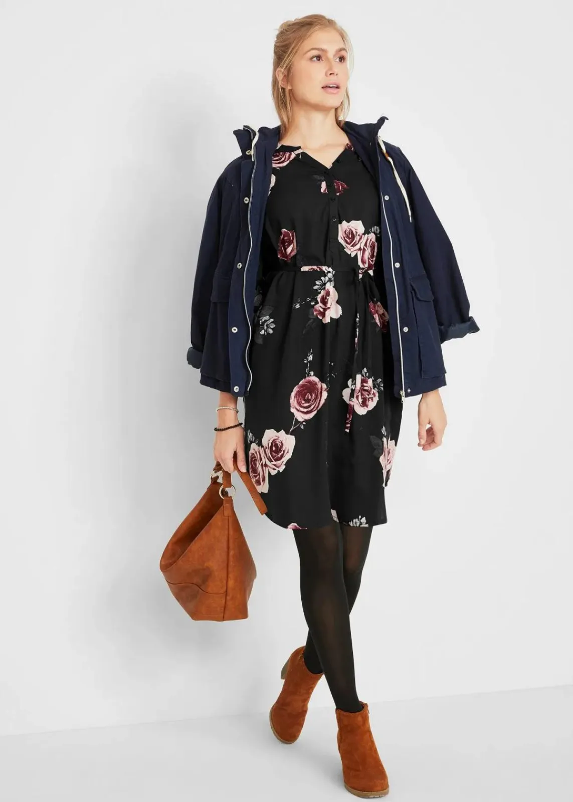 bonprix Bekleidung·Blazer|Nachhaltigere Materialien^Umstands- und Stillblusenkleid aus fließender Viskose schwarz geblümt