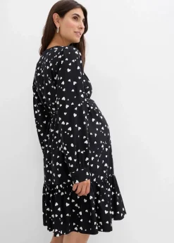 bonprix Bekleidung·Blazer|Umstandsmode^Umstands- und Stillblusenkleid mit süßem Herzendruck aus reiner Viskose schwarz/wollweiß bedruckt