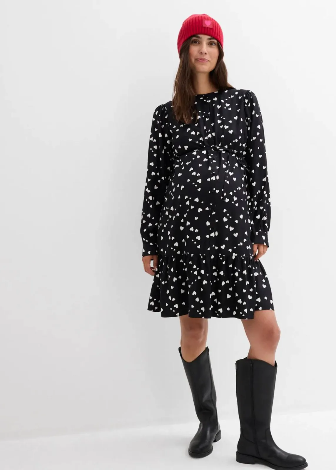 bonprix Bekleidung·Blazer|Umstandsmode^Umstands- und Stillblusenkleid mit süßem Herzendruck aus reiner Viskose schwarz/wollweiß bedruckt