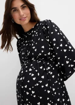 bonprix Bekleidung·Blazer|Umstandsmode^Umstands- und Stillblusenkleid mit süßem Herzendruck aus reiner Viskose schwarz/wollweiß bedruckt