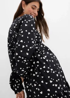 bonprix Bekleidung·Blazer|Umstandsmode^Umstands- und Stillblusenkleid mit süßem Herzendruck aus reiner Viskose schwarz/wollweiß bedruckt