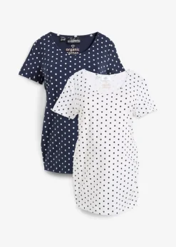 bonprix Nachhaltigere Materialien|Umstandsmode^Umstandsshirts aus Bio-Baumwolle (2er-Pack) weiß+dunkelblau gepunktet