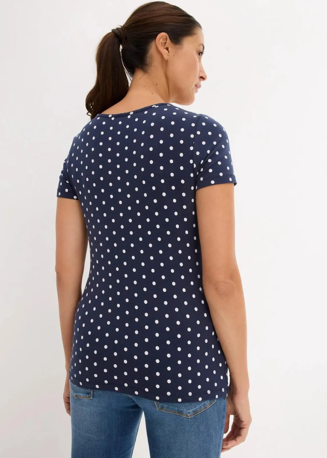 bonprix Nachhaltigere Materialien|Umstandsmode^Umstandsshirts aus Bio-Baumwolle (2er-Pack) weiß+dunkelblau gepunktet