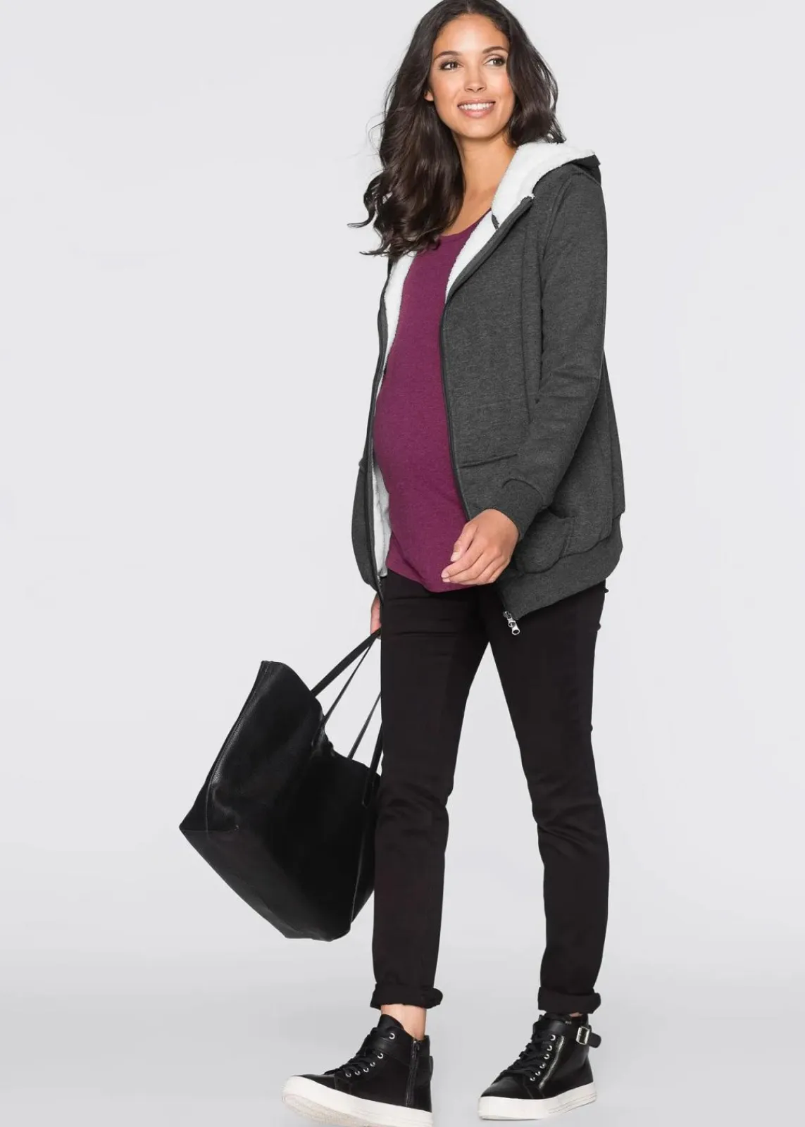 bonprix Bekleidung·Blazer|Umstandsmode^Umstands-Sweatjacke mit Baby-Einsatz und flauschiger Innenseite anthrazit meliert