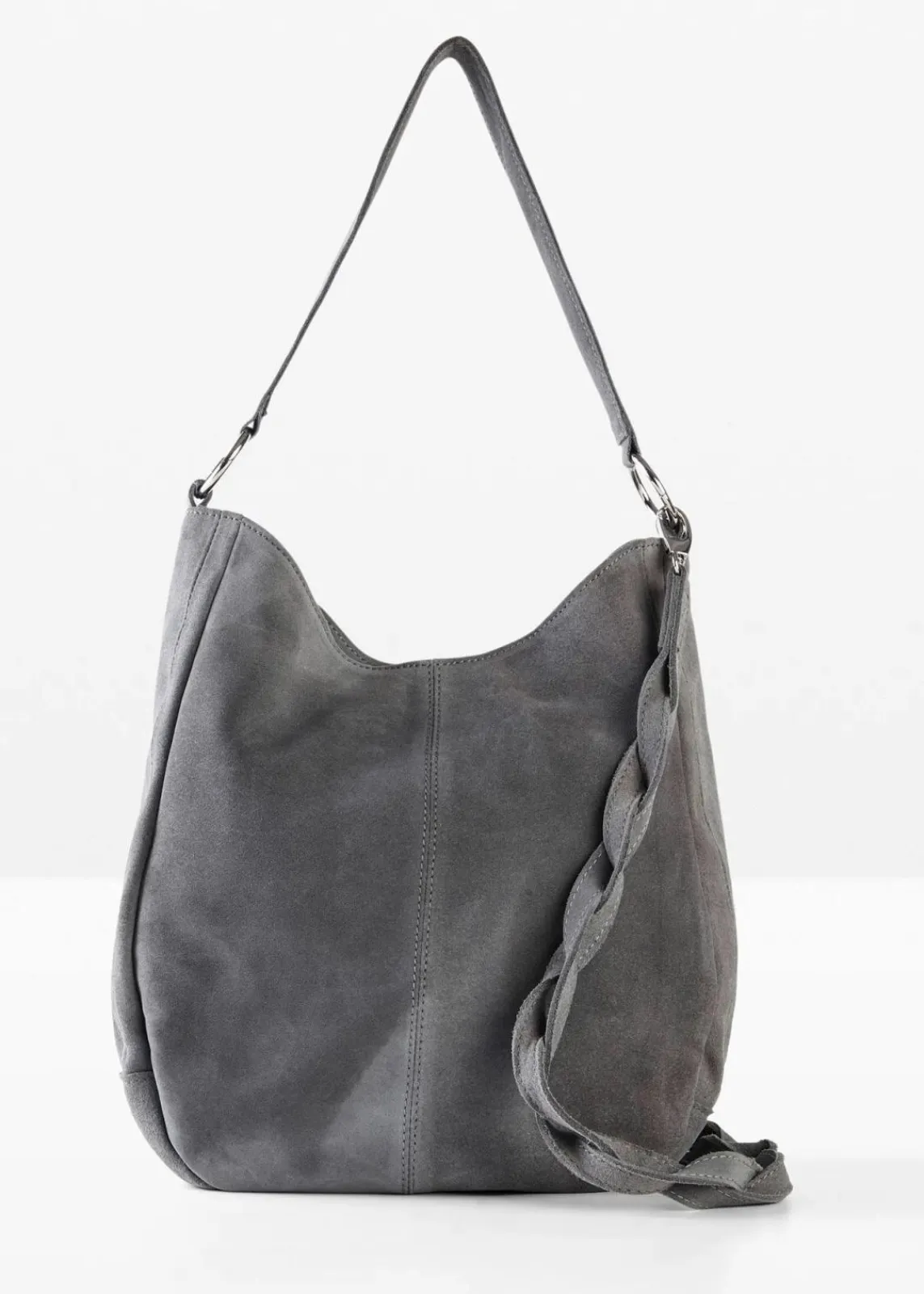 bonprix Taschen^Veloursledertasche mit dekorativem Zusatzriemen grau