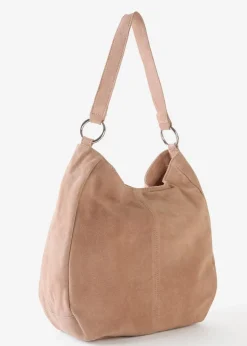 bonprix Taschen^Veloursledertasche mit dekorativem Zusatzriemen taupe