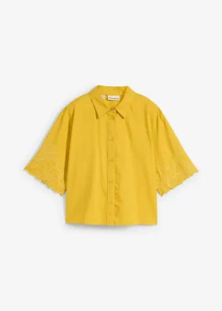 bonprix Blusen & Tuniken|Premium^verkürzte Hemdbluse mit Seidenanteil lemoncurry