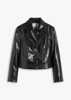 bonprix Jacken & Mäntel^Verkürzte Lederimitat-Jacke mit glossy Krokoprägung schwarz