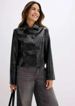 bonprix Jacken & Mäntel^Verkürzte Lederimitat-Jacke mit glossy Krokoprägung schwarz