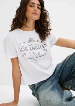 bonprix Shirts & Tops^Verkürztes T-Shirt aus Jersey weiß/schwarz bedruckt