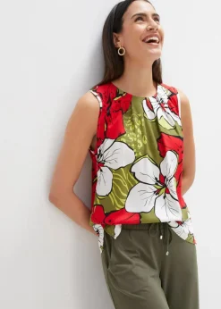 bonprix Bekleidung·Jacken & Mäntel|Blusen & Tuniken^Viskose Blusentop erdbeere/dunkelkhaki floral