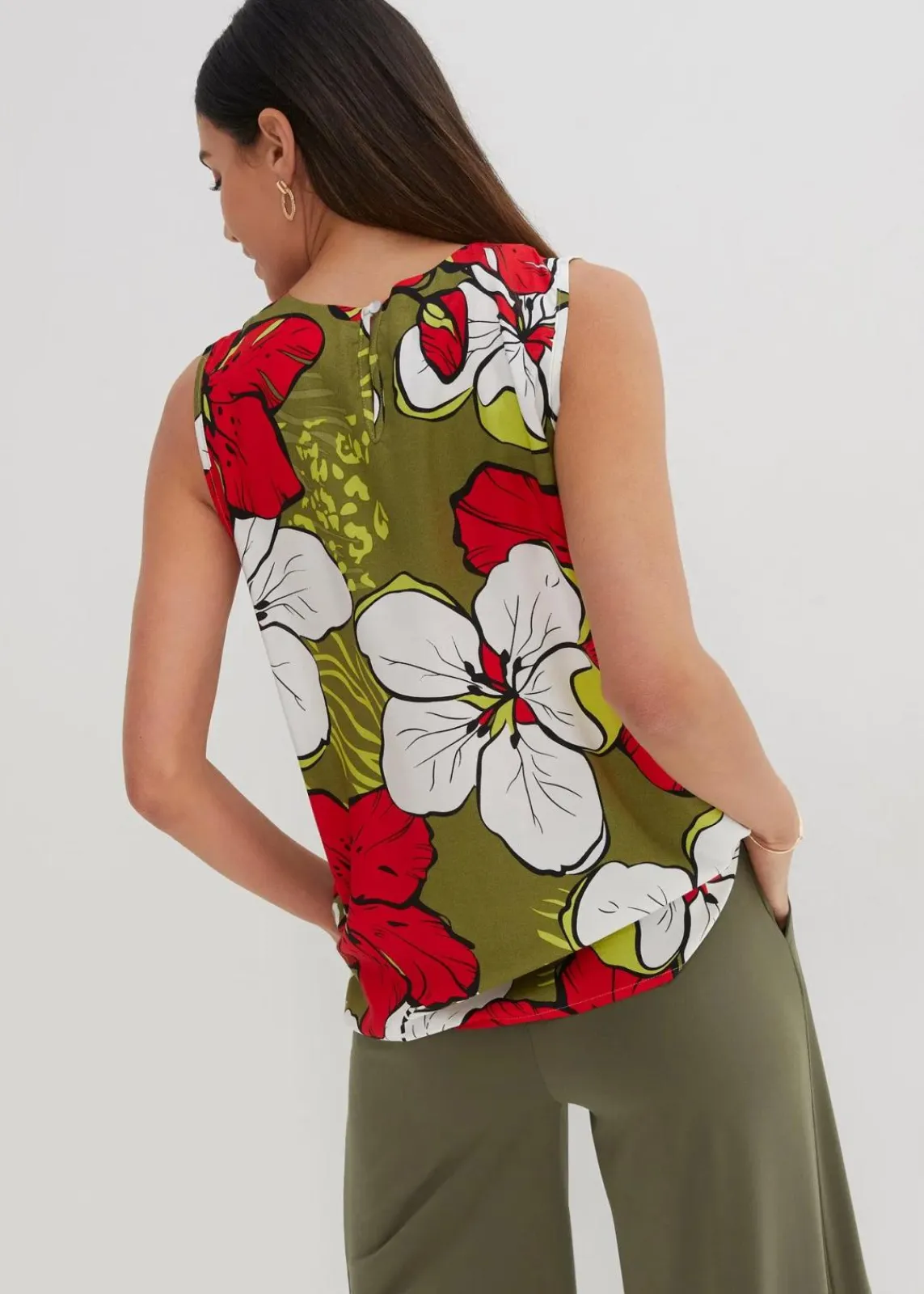 bonprix Bekleidung·Jacken & Mäntel|Blusen & Tuniken^Viskose Blusentop erdbeere/dunkelkhaki floral