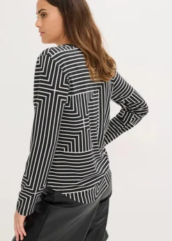 bonprix Shirts & Tops^Viskose Langarmshirt schwarz/naturbeige graphisch bedruckt