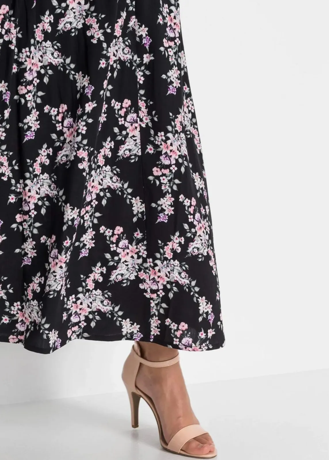 bonprix Kurzgrößen|Bekleidung·Sportbekleidung^Viskose Maxirock schwarz/rosa geblümt